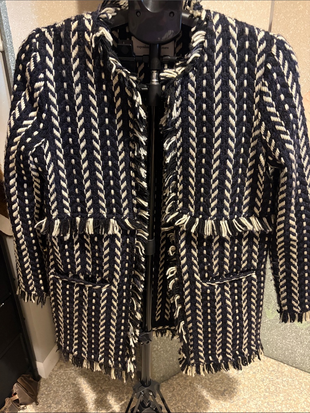 Cupcakes and Cashmere Woven Fringe Knit coat in Navy & Cream